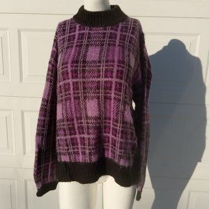 Nine West Purple & Black Plaid Sweater size XL super soft mock neck top vintage